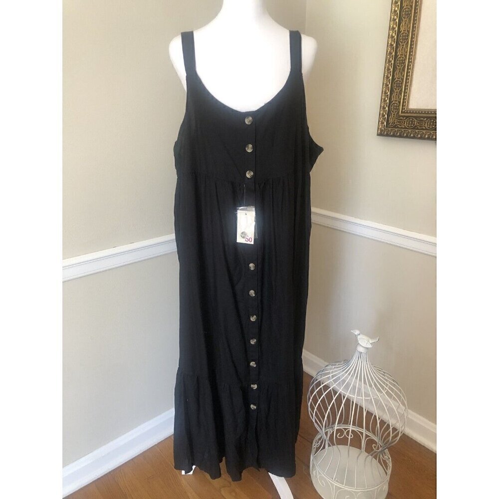 NWT SO Womens Size 2X Black Sleeveless Tiered Midi Dress Button Front